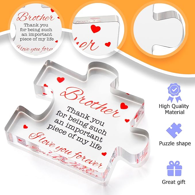 Brother Gifts - Engraved Acrylic Block Puzzle Brother Gift 4.1 x 3.5 inch - Cool Brother Gifts from Sister, Brother - Birthday, Christmas, Graduation Gifts for Big Brother, Little Brother