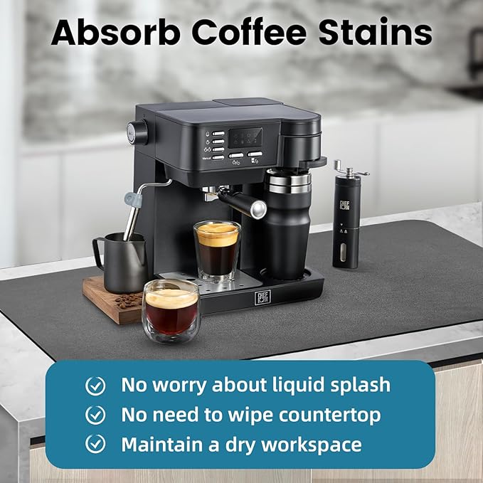 PoYang 31.5"x17" Coffee Mat X-Large, Coffee Bar Accessories for Countertop, Absorbent Dish Drying Mat, Anti-Slip and Hide Stain Pad for Espresso Machine, Espresso Maker and Kitchen Counter, Gray