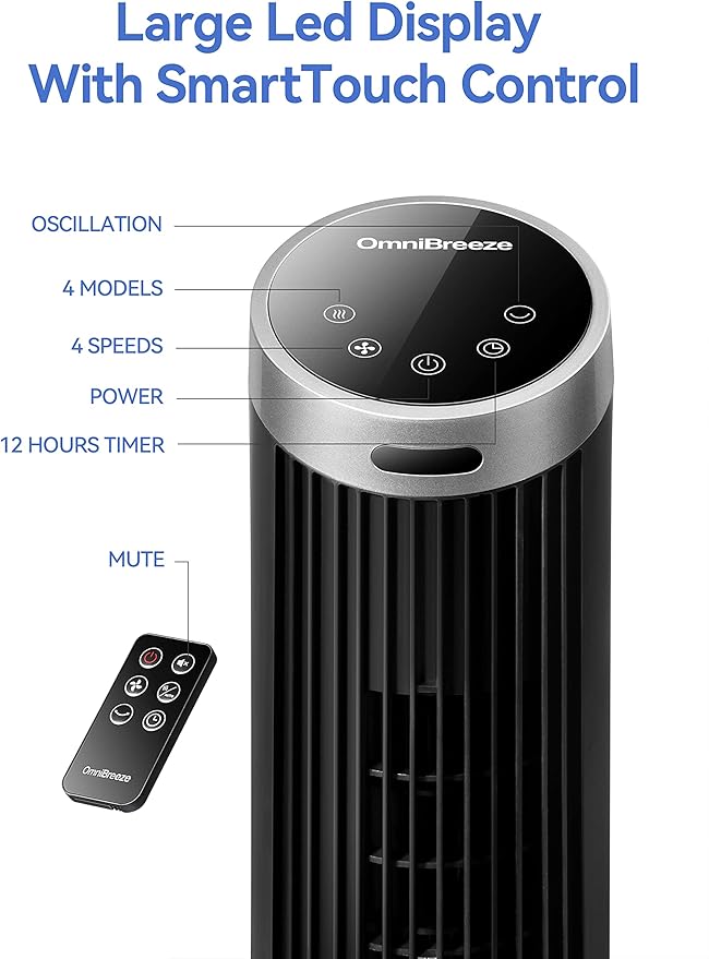 OmniBreeze Digital Electric Tower Fan, with Remote Control, LED Display, Standing Bladeless Floor Fans Cooling and Quite Indoor Living Room Bedroom use (40 Inch)