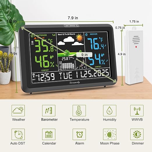 DreamSky Weather Station Indoor Outdoor Thermometer Wireless, Atomic Clock | Digital Large Display with Dimmer, USB Port, Inside Outside Temperature Humidity Monitor for Home (Plug-in)-3 Sensors