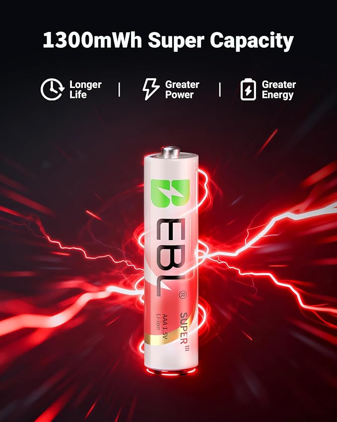 EBL Rechargeable AAA Batteries Lithium with Charger 8 Pack, 1300mWh 1.5V Triple a Batteries Lithium, 1600+ Cycles Long Lasting AAA Rechargeable Batteries for Remote Control