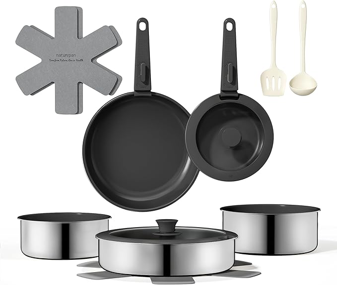 16pcs Nonstick Cookware Set, Diamond-Titanium Ceramic Coating & 3 Layer Stainless Steel Pots and Pans Set with Detachable Handle, Dishwasher Safe, Induction Compatible, Oven Safe, Black