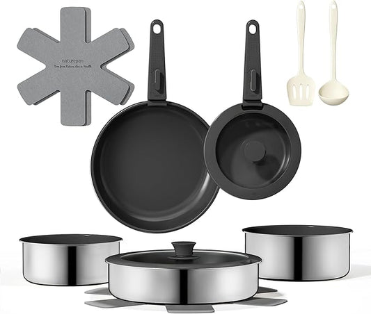 16pcs Nonstick Cookware Set, Diamond-Titanium Ceramic Coating & 3 Layer Stainless Steel Pots and Pans Set with Detachable Handle, Dishwasher Safe, Induction Compatible, Oven Safe, Black
