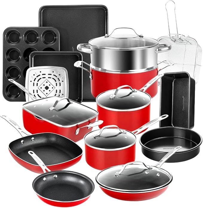 Granitestone 20-Piece Nonstick Pots and Pans Set with Bakeware & Steamer, Diamond-Reinforced Cookware Set, Deep Frying Pan, Non-Toxic PFOA PFOS Free, Metal Utensil Safe, Dishwasher & Oven Safe, Red
