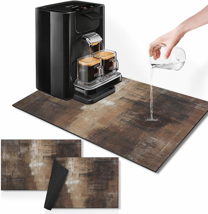 Arttown Coffee Mat for Countertops, Brown Abstract Modern Dish Drying Mat 2 Pcs for Kitchen Bar Accessories, Coffee Maker Espresso Machine Dish Rack Hide Stain Rubber Backed 12x19In