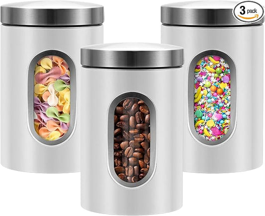 Canisters Sets for the Kitchen, 3pcs Sugar Flour Tea Coffee Storage Jars Stainless Steel Food Container Organizer for Kitchen Counter with Transparent Window (white)