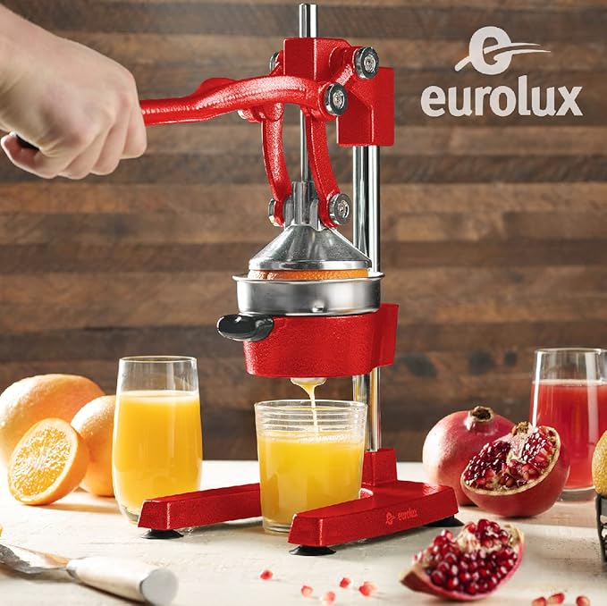 Eurolux Ultra-Premium Cast Iron Juicer | Extra-Large, Heavy Duty, Commercial Grade, Stainless Steel Manual Hand Press Citrus Squeezer For Fresh Orange Juice, Pomegranate, Lemon, and Much More (Red)