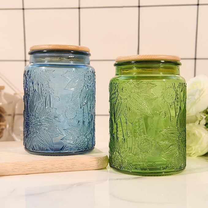 Custde Glass Storage Jars With Airtight Lid, 23.7oz Canister For Kitchen Counter with Bamboo Lid, brown sugar, candy, coffee, cookie, salt, tea,pantry cute Jar (Green, 23.7 fl oz)