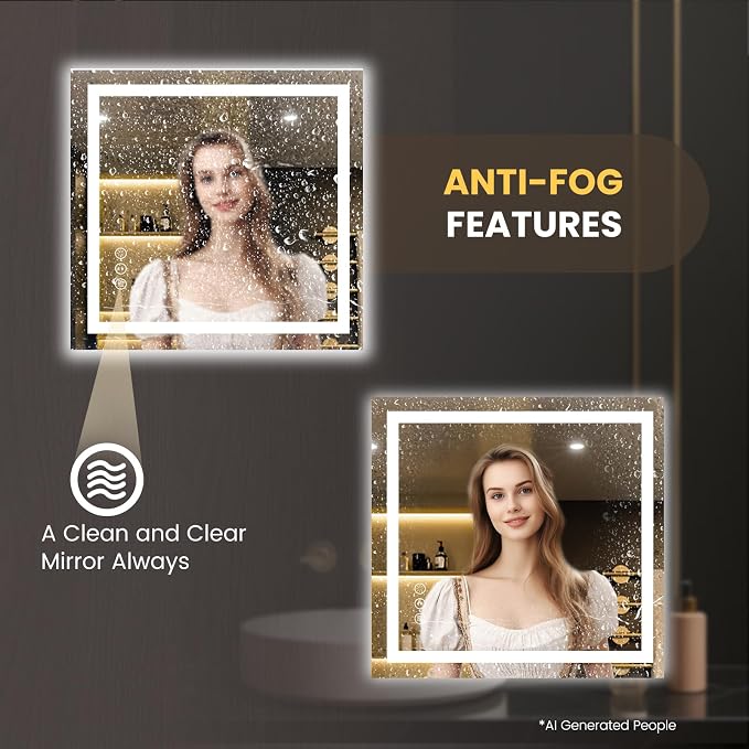 LOAAO 36"x34" LED Bathroom Mirror with Lights, Anti-Fog, Dimmable, Backlit + Front Lit, Lighted Bathroom Vanity Mirror for Wall, Memory Function, Tempered Glass, Safe to Use, ETL Listed