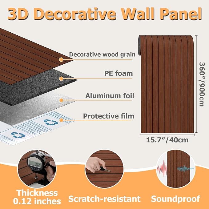 Arthome Peel and Stick Slat Wall Panels 15.7"x360",Self-Adhesive PVC Wood Grain Wallpaper Panel,3D Thick Faux Soundproof Backsplash Accent Wall Tile for Walls & Furniture (Walnut- Coverage 39.2 Sq.ft)