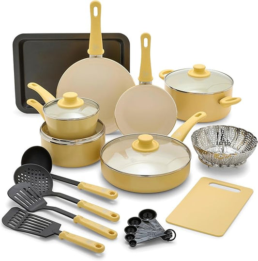 GreenLife Soft Grip Healthy Ceramic Nonstick 18 Piece Kitchen Cookware Pots and Frying Sauce Saute Pans Set, PFAS-Free with Kitchen Utensils and Lid, Dishwasher Safe, Yellow