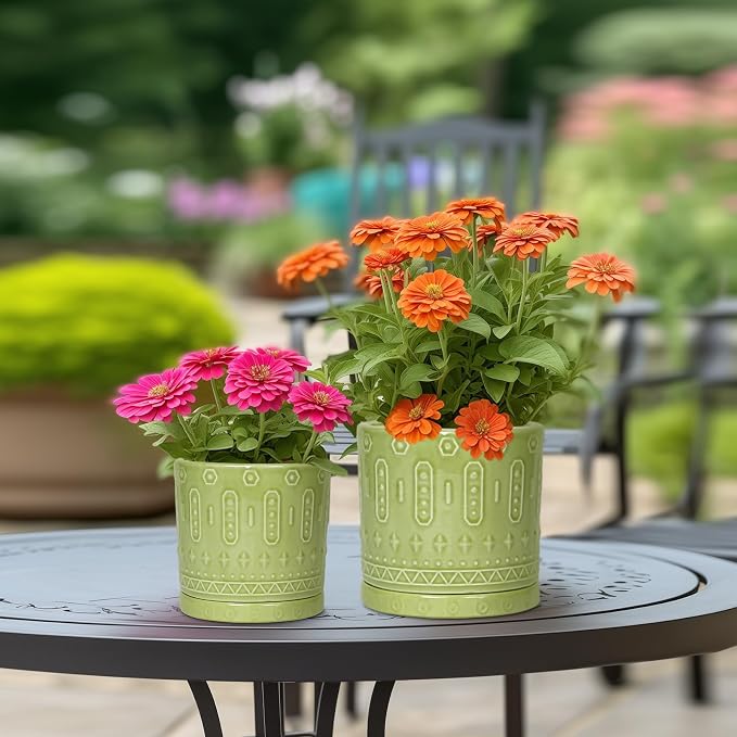 Eightpot Ceramic Pot for Plants - 6 Inch Indoor Planter with Drainage Hole and Saucer, Round Decorative Flower Pots Outdoor, Boho Succulent Planter, Garden Home Decor, Gifts for Plant Lover, Green