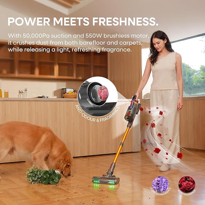 KIPMAX Cordless Vacuum Cleaner 50KPa 550W Powerful with Aromatherapy | 70Mins Anti-Tangled Vacuum Cleaner for Pet Hair/Carpet/Floor, Self-Standing Vacuum with Rechargeable Battery, LED Display