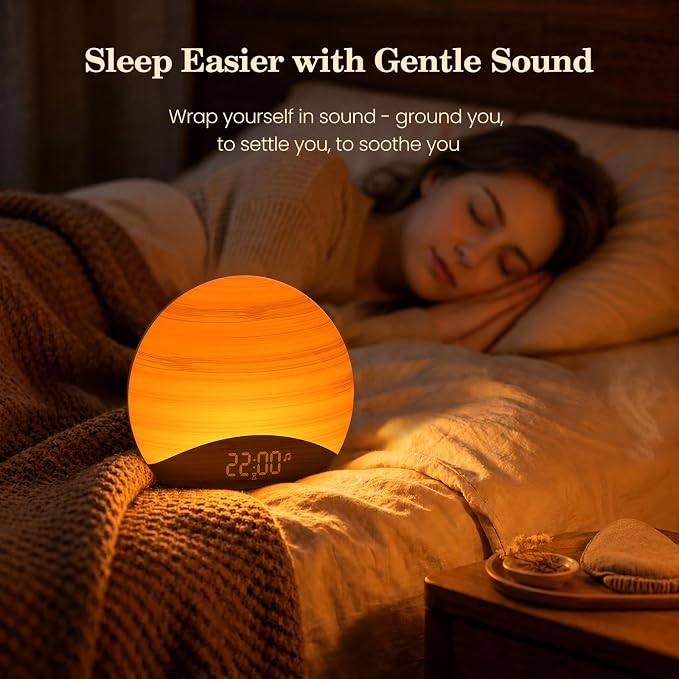 REACHER Natural Wood Grain Sound Machine Sunrise Alarm Clock，26 Nature Inspired Sleeping Sounds, 0-100% Dimmable Clock, Night Light,Brown/Pink/White Noise Sound Machine for Babys, Kids, Adults