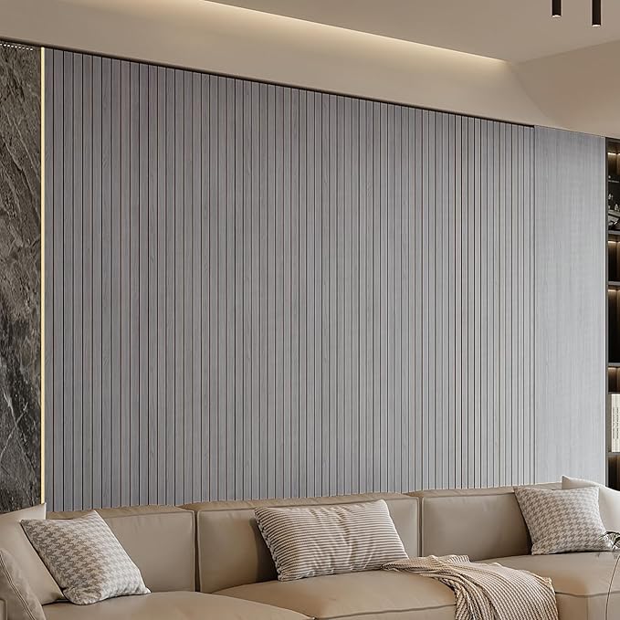 YU LI 3DH Peel and Stick PVC Slat Wall Panel 236"x15.75" Self-Adhesive Thick Faux Grey Wood Grain Wallpaper Panel 3D Soundproof Wall Panels for Walls & Ceilings