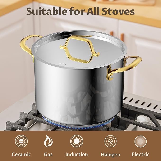 BEZIA 8 QT Stainless Steel Stock Pot with Lid, Uncoated Cooking Pot | Tri-ply Base for Even Heat, Works on All Stoves, Oven & Dishwasher Safe, for Whole Chicken & Bone Broth, Blanching & Boiling