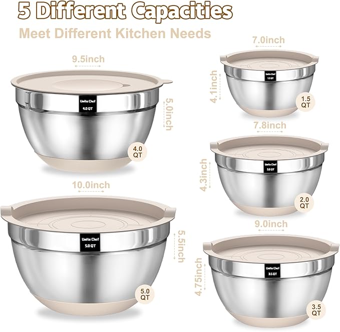 Umite Chef Mixing Bowls with Airtight Lids Set, 8PCS Stainless Steel Nesting Bowls with Grater Attachments, Non-Slip Bottoms, 5, 4, 3.5, 2, 1.5QT for Mixing & Serving