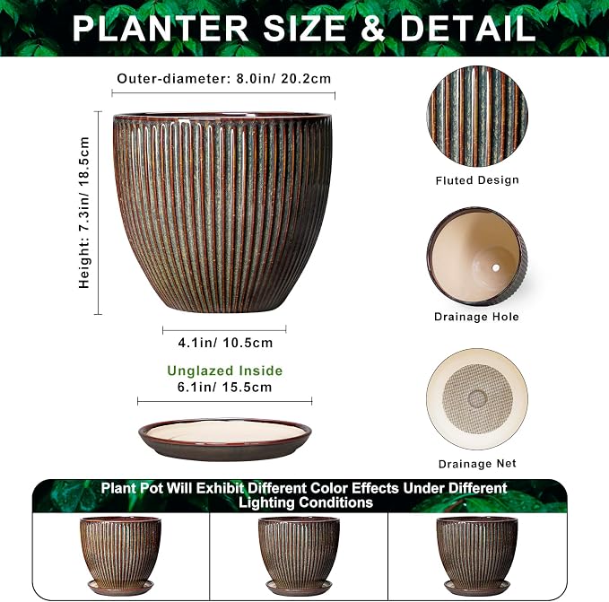 Ceramic Planter, 8 Inch Plant Pots for Indoor Plants, Round Planter with Drainage Hole and Saucer, Modern Decorative Flower Pots, House Office Decor, Gifts for Plant Lovers, Retro Brown