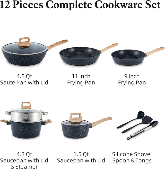 12-Piece Nonstick Ceramic Cookware Set, Healthy Non-Toxic Granite Pots and Pans Set, PFAS PFOA Free Kitchen Cookware with Silicone Spatula, Dishwasher Safe, Black