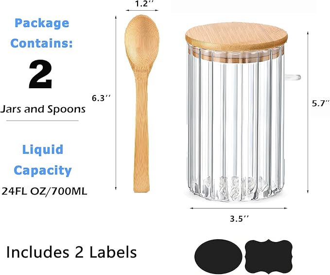 Steviieden 24 FL OZ Airtight Glass Jars with Bamboo Spoons Lids Overnight Oats Container Decorative Coffee Bar Food Storage Jar Cereal Nuts Salts Coffee Tea Flour Sugar Container Spice Jars (2Pack)