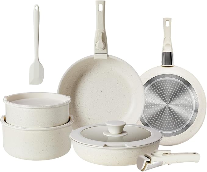 DUMOS 12 Pcs Pots and Pans Set, Nonstick Kitchen Cookware Set, Induction Cooking Sets Detachable Handle, Beige
