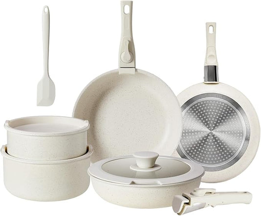 DUMOS 12 Pcs Pots and Pans Set, Nonstick Kitchen Cookware Set, Induction Cooking Sets Detachable Handle, Beige