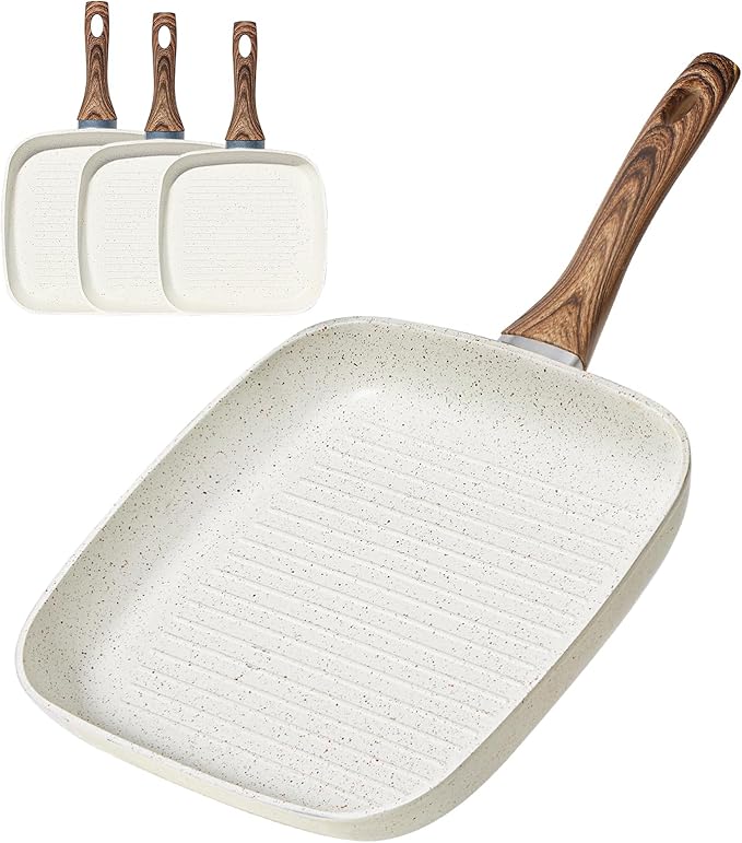 NEWBULIG 3-Piece Nonstick Grill Pan Set, Square Griddle Pans with Wooden Handles, Induction Cooktop Compatible, Nonstick Cookware for Steak, BBQ, Vegetables, Cream White (9.5", 10.2", 11")