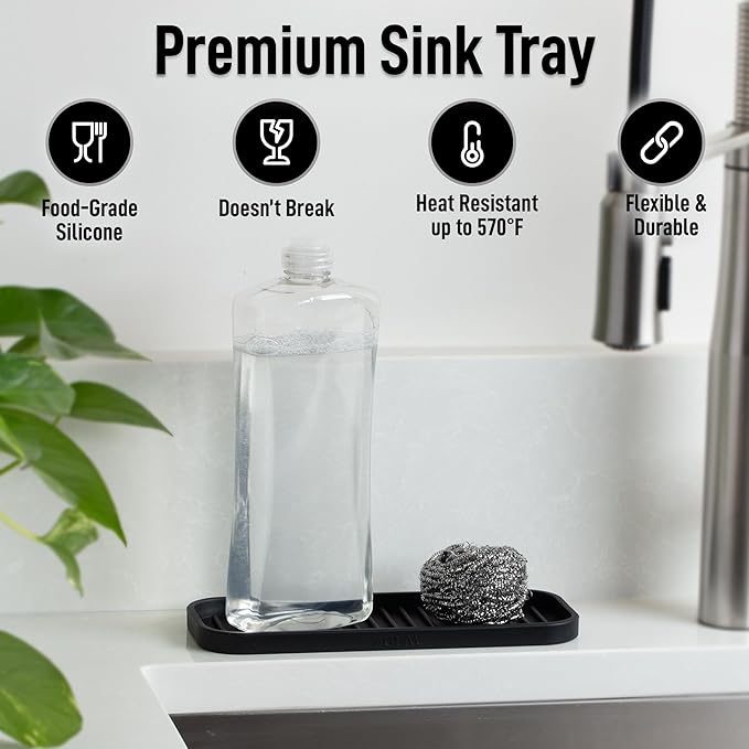 Zulay Kitchen (9x3.5) Silicone Sponge Holder for Kitchen Sink - Flexible Multipurpose Soap Tray Sponge Holder - Sink Organizer Tray for, Bathroom, Makeup, Trinkets & More (Black)