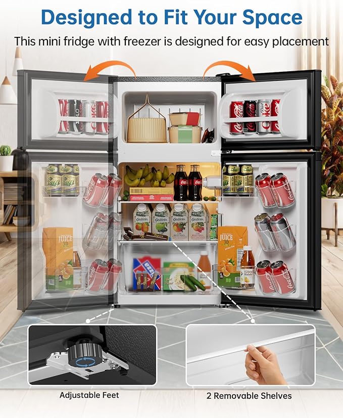 3.2 Cu Ft Mini Fridge with Freezer - Energy Efficient, Double Door Upright Freezer for Bedroom, Office & Dorm,restaurants | Small Fridge, Glass Shelves,Interior Light,ETL Certified,etc