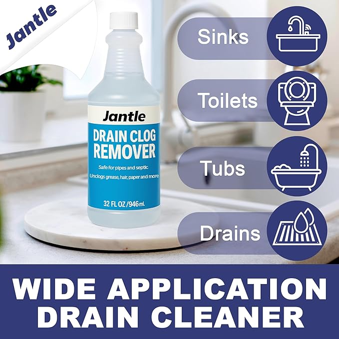 Drain Clog Remover - 12 Pack, 32 oz Bottles Powerful Drain Cleaner Liquid for Shower, Sink, and Toilet - Dissolves Hair, Grease, Paper, Fat, Oil - Plumbing & Septic Safe - Easy to Use Formula