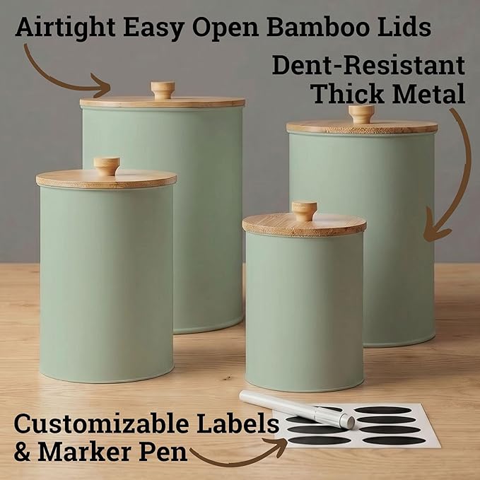 Kitchen Canisters for Countertop Set of 4 with Customizable Chalkboard Labels & Marker Pen - Big Iron Kitchen Canisters with Airtight Lids - Sage Green Canister Set - Flour and Sugar Containers