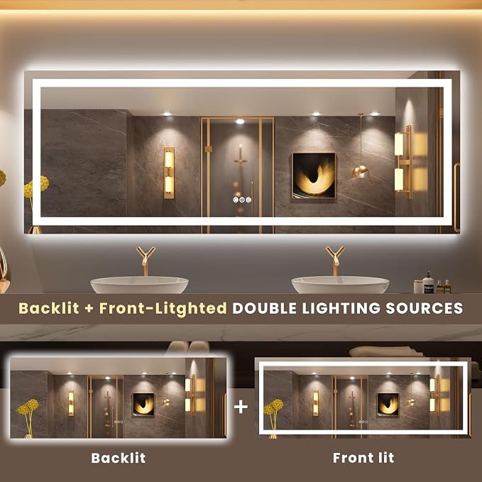 LOAAO 84"X32" LED Bathroom Mirror with Lights, Anti-Fog, Dimmable, Backlit + Front Lit, Lighted Bathroom Vanity Mirror for Wall, Memory Function, Tempered Glass, ETL Listed
