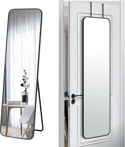 SCWF-GZ 57x16 Full Length Mirror Over The Door Hanging, Floor Stand/Wall Mounted Aluminum Alloy Frame Dressing Mirror for Bedroom Living Room 57 inch Black