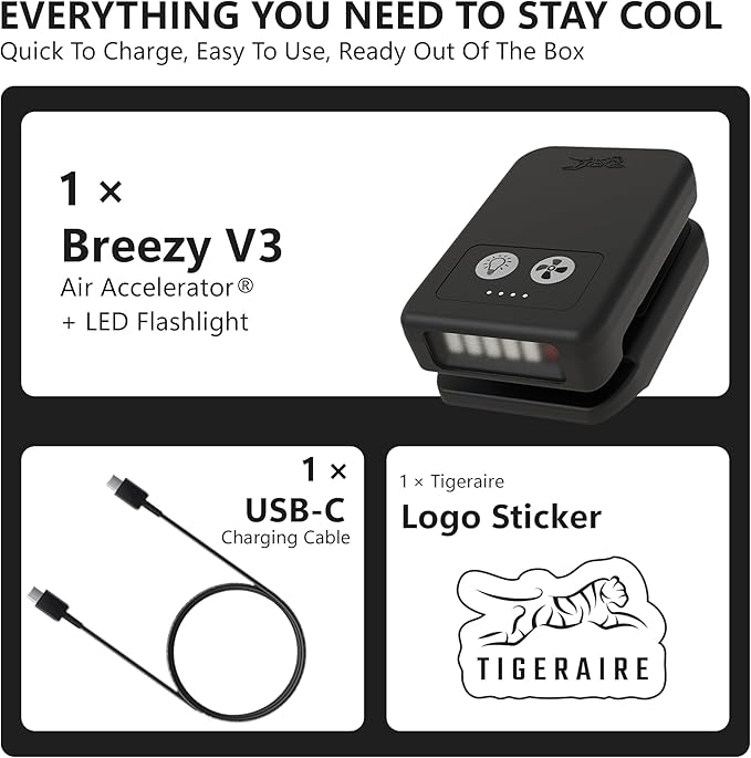 Tigeraire Breezy Clip-On Hat Fan for Sportsmen & Tradesmen - Lightweight Head Cooler, USB-C Recharge, 11 MPH Airflow, 10+ Hr Runtime, Defogs Eyewear & Face Shields - Portable Heat Relief - Black