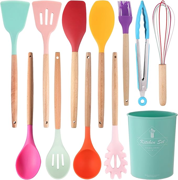 Silicone Kitchen Utensils Set, 12-piece Silicone Cooking Utensils Set Non-stick Cookware Is Heat-resistant, BPA-free, Stirring Kitchen Tools Set,Spoon,Tongs,Whisk,Brush,Spatula (Colorful )