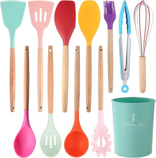 Silicone Kitchen Utensils Set, 12-piece Silicone Cooking Utensils Set Non-stick Cookware Is Heat-resistant, BPA-free, Stirring Kitchen Tools Set,Spoon,Tongs,Whisk,Brush,Spatula (Colorful )