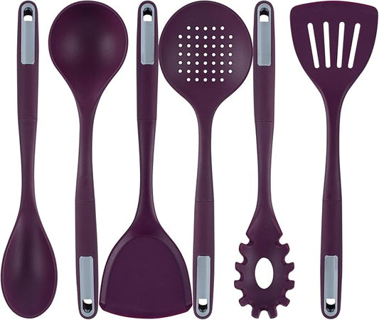 Restaurantware Silicone Utensil Set Pack of 1 Non-Slip Handle 6-Piece Kitchen Tool Set, Heat-Resistant Dishwasher-Friendly Cooking Accessories, Durable Purple Cooking Utensils