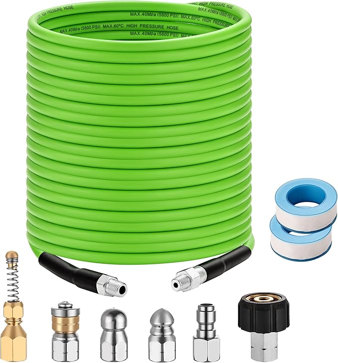 Selkie Pressure Washer Sewer Jetter Kit - 50Ft X1/4" Hydro Drain Jetter Cleaner Hose, Corner, Rotating and Button Nose Sewer Jetting Nozzle Waterproof Tape,Orifice 4.0 4.5,1/4 Inch NPT,5800 PSI