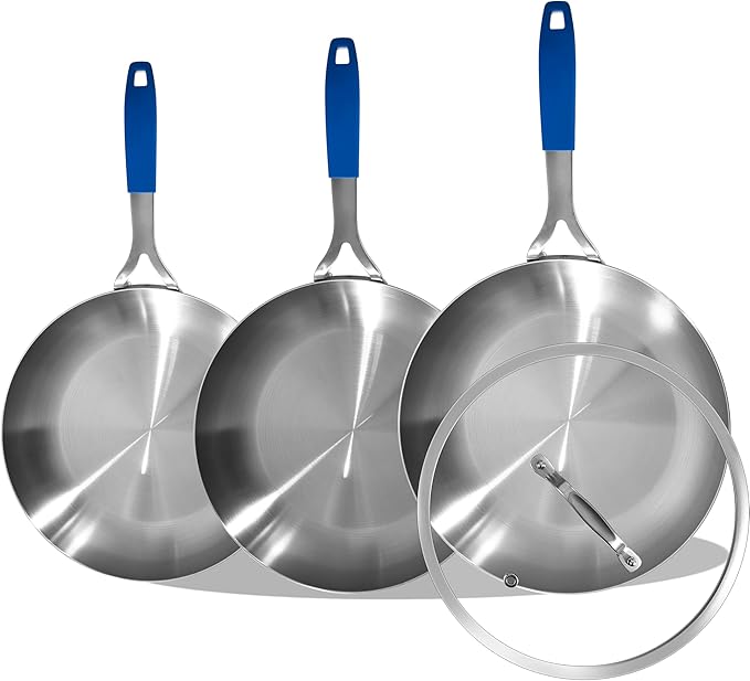 Inqibee 8.5-10-12 Inch Tri-Ply Stainless Steel Frying Pan Set with a Lid, Skillets, Chef's Pan, Induction Cooking Pans, Pots and Pans Set, Dishwasher and Detachable Handle