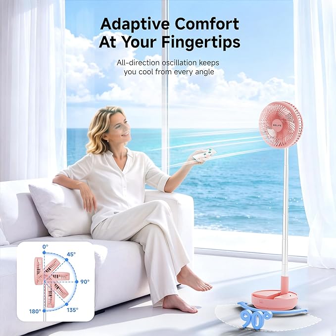 Belife X8 Portable Fan, 7200mAh Battery Powered Rechargeable, Oscillating USB Desk Floor Fan with Remote, Foldable Telescopic Fan for Home Bedroom Sleeping Office Camping Travel, 7.7" (Pink)