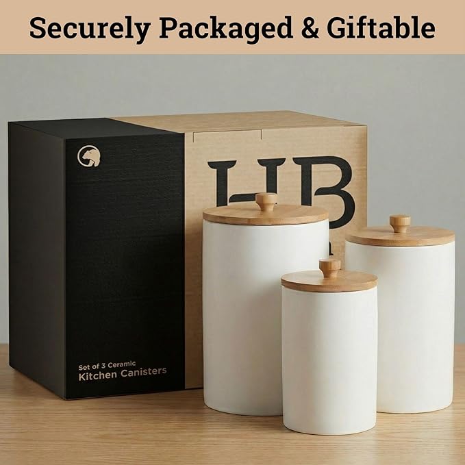 Ceramic Kitchen Canisters for Countertop Set of 3 with Airtight Bamboo Lids - White Kitchen Canisters with Airtight Lids - Flour Sugar Canister Set - Flour and Sugar Containers Farmhouse - Coffee Jar
