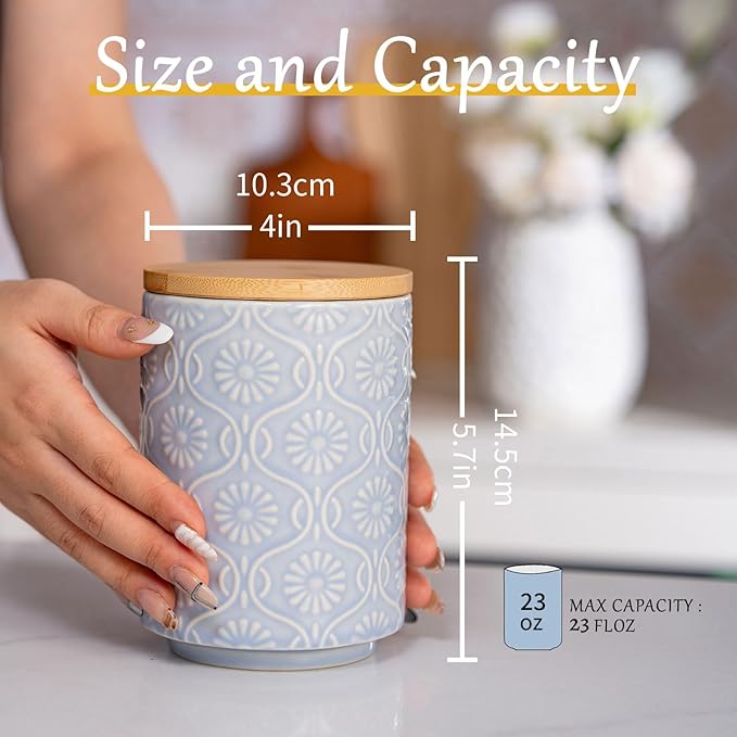 TEATALK Ceramic Jar with Bamboo Lid, Airtight Seal for Coffee, Tea, Sugar, 23 Fl Oz, Light Blue
