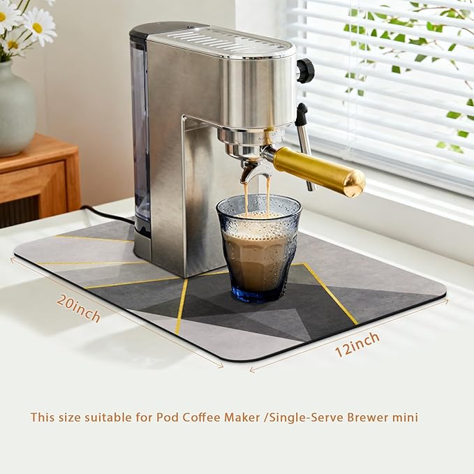 Coffee Mat 19x12 Inch, Gray Geometric Coffee Splash Mat, Absorbent Hide Stain Rubber Backed Dish Drying Mat for Kitchen Counter, Mat for Countertops, Under Coffee Bar Maker Machine Pot Espresso Staion