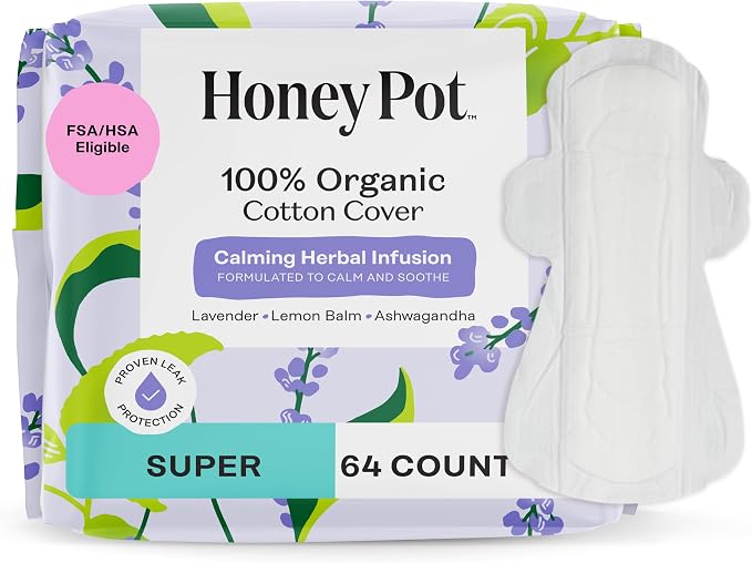 The Honey Pot Company - Calming - Super - Pads for Women | 100% Organic Cotton Cover - Calming Herbs of Lavender, Ashwagandha, & Lemon Balm - Pads w/Wings - Feminine Care - 64ct