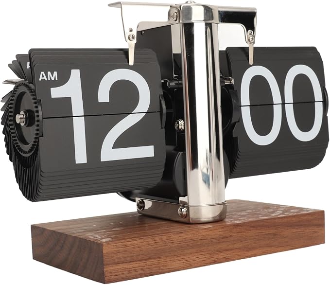 VBESTLIFE Retro Digital Flip Down Clock, Battery Powered Internal Gear Operated Clock, Classic Mechanical, Black Walnut Base, for Home & Office Decor (Silver)