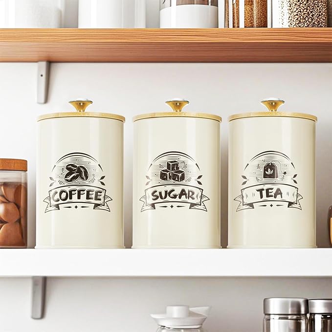 Covzoe 3 Pack Small Canisters for Kitchen, 26 Oz Metal Coffee Sugar Tea Canisters Set with Airtight Bamboo Lids, Mini Food Storage Containers Jars for Tea, Flour, Cookies, Spices, Countertop