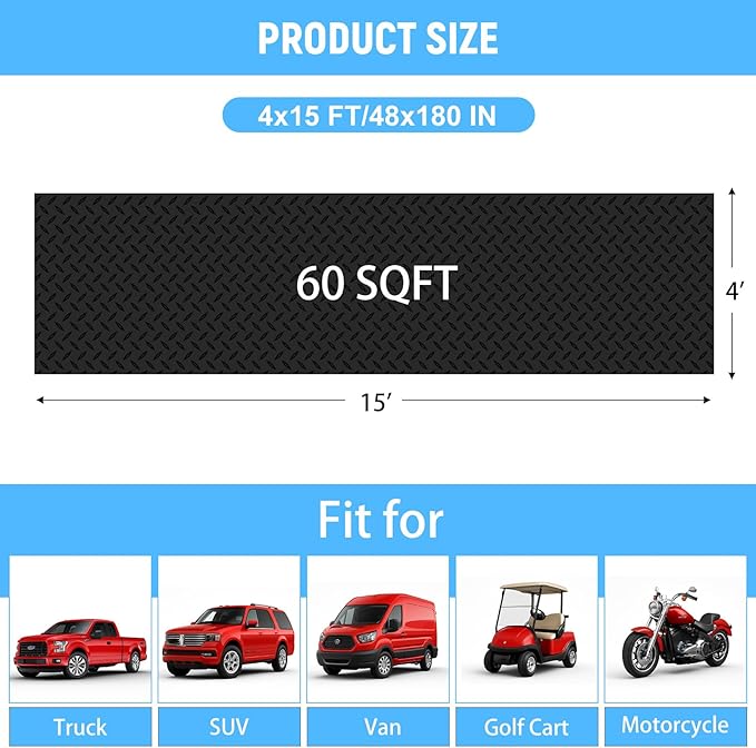 4x15 FT Garage Floor Mat, 2.8mm Thickened PVC Flooring Roll for Under Car, Golf Cart Parking Mat, Diamond Plate Black Motorcycle Mat for Warehouse, Basement, Gyms, Trailer（Included Tapes）