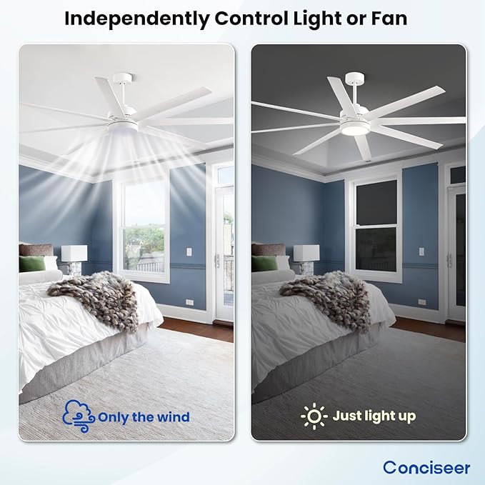 Modern Ceiling Fans with Lights, 72 Inch Ceiling Fan with Remote for Bedroom Living Room Kitchen Library Cafe Outdoor/Industrial Use,24W 3CCT 8 Blades 6 Speed Reversible Quiet DC Motor, White