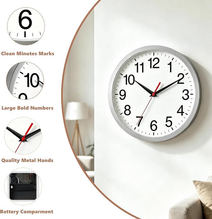 Rohioue 12 Inch Wall Clock Modern Battery Operated Silent Non Ticking Analog Clock Decorative for Bedroom Kitchen Bathroom Office Home Living Room (Silver)