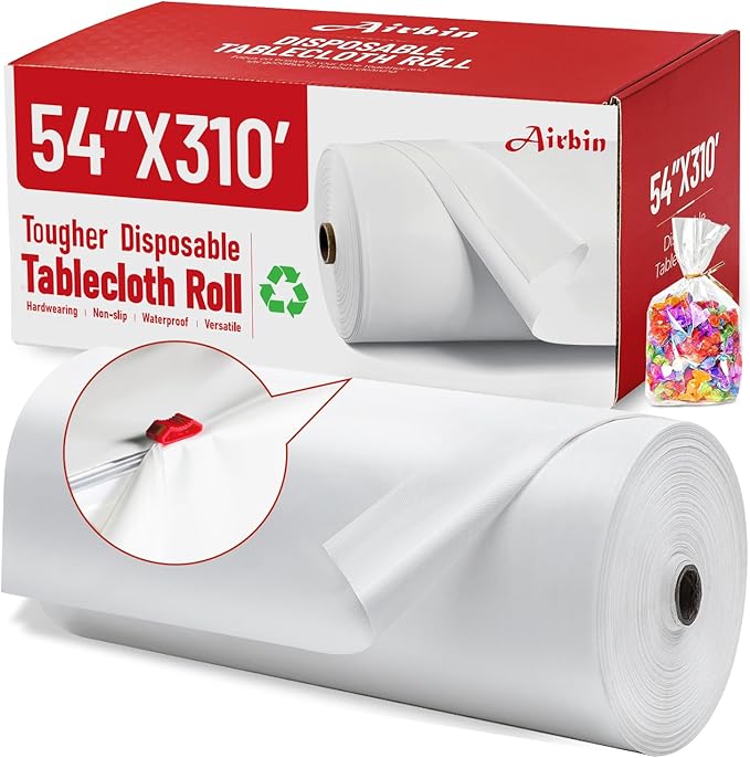 Plastic Table Cloth, 310 Ft x 54 in Disposable Tablecloth White Plastic Tablecloth with Any Cut Sliding Cutters and 100 Bags Premium PEVA Table Cover Roll for Picnics, Parties, Birthdays, Weddings